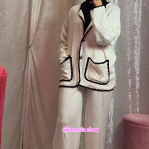 ENSEMBLE BLANC BORDURE ZIGZAG NOIR