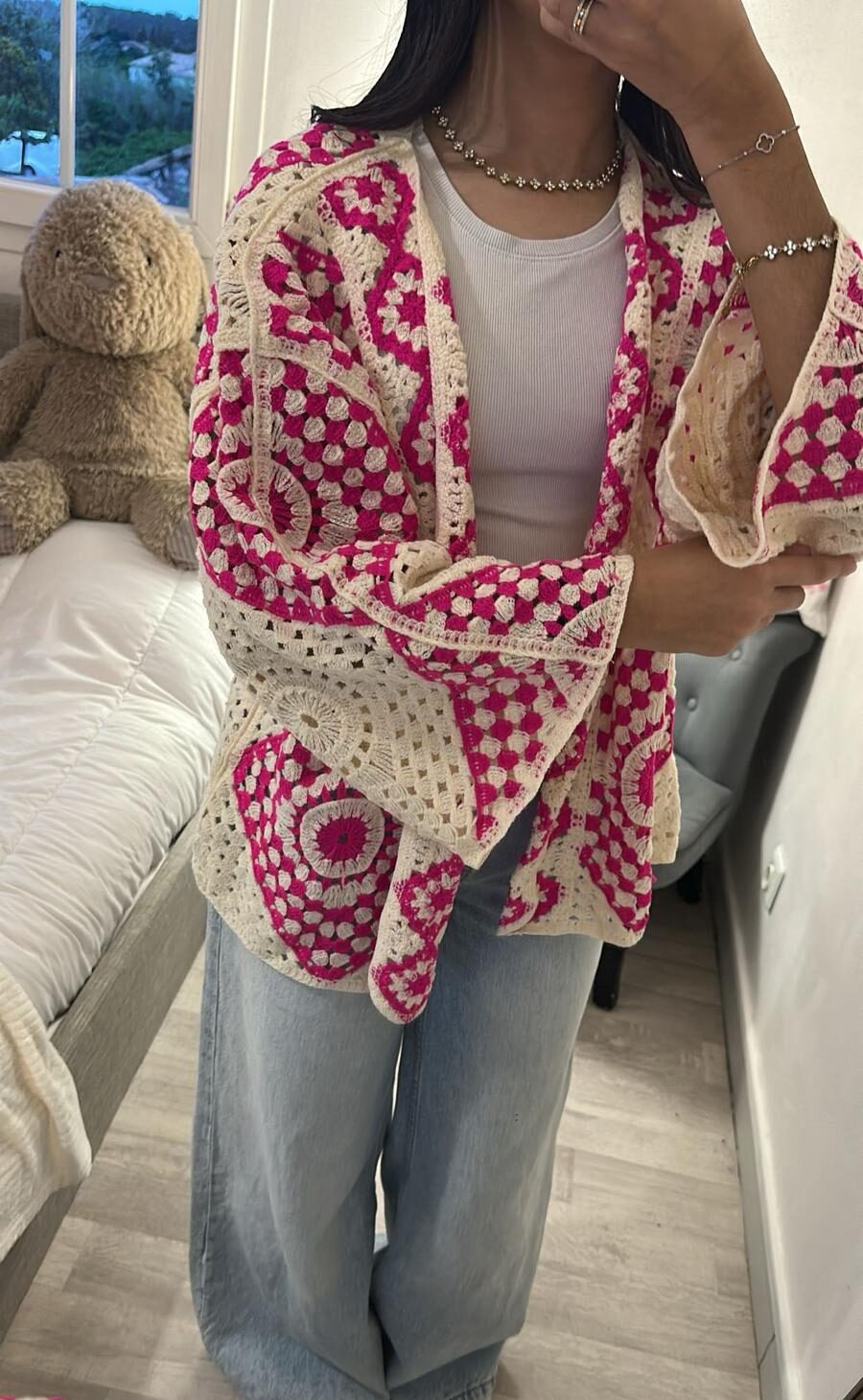 GILET CROCHET ROSE FUSHIA